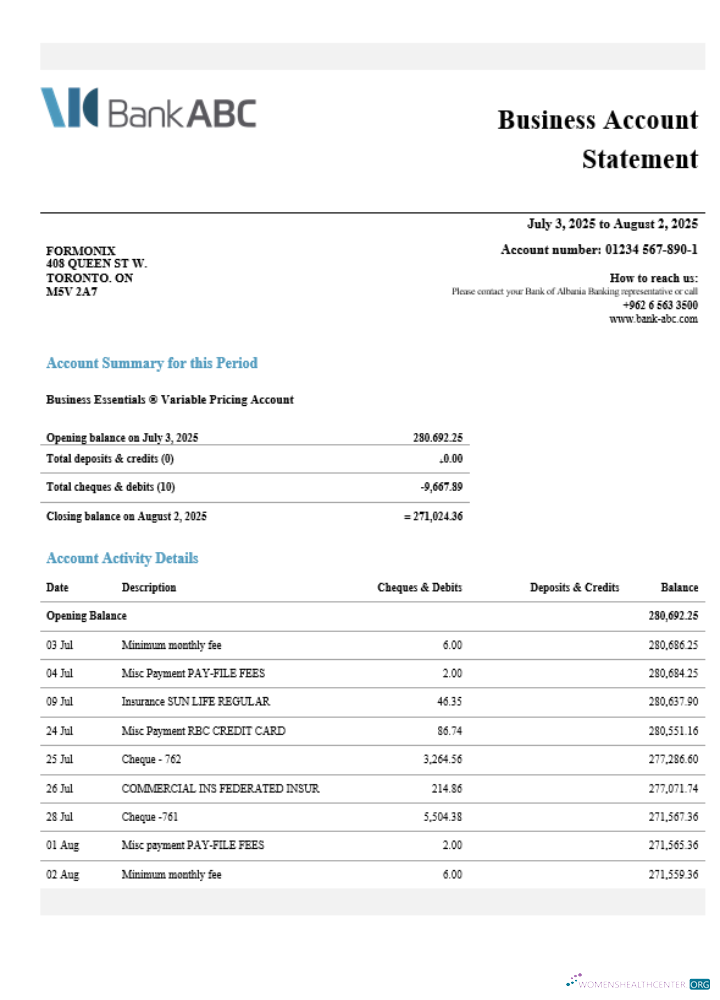 Download Jordan ABC business account statement Word and PDF template Photoshop template